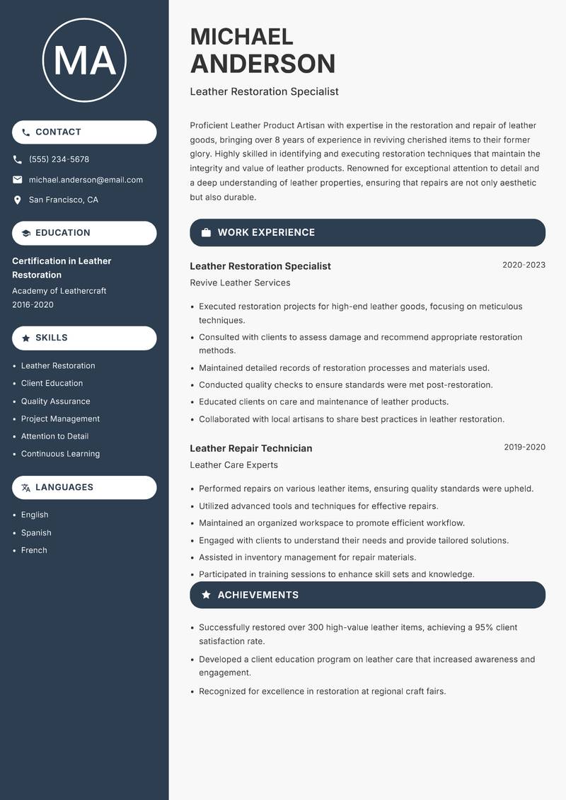 Leather Product Artisan resume template — Compact