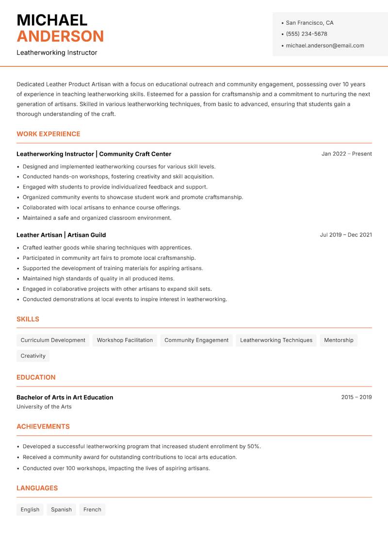 Leather Product Artisan resume template — Modern Professional