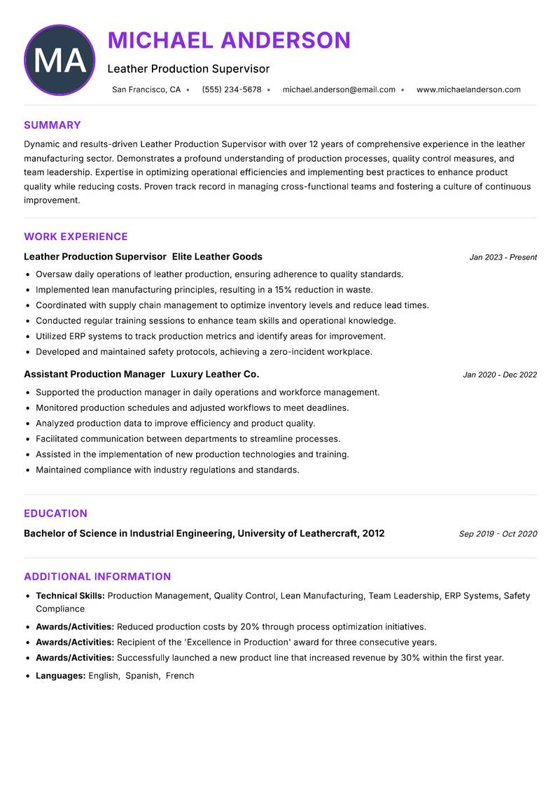 Leather Production Supervisor resume example — ATS-friendly template
