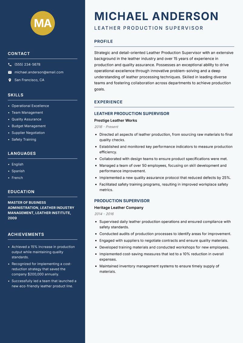 Leather Production Supervisor resume template — Classic Clean