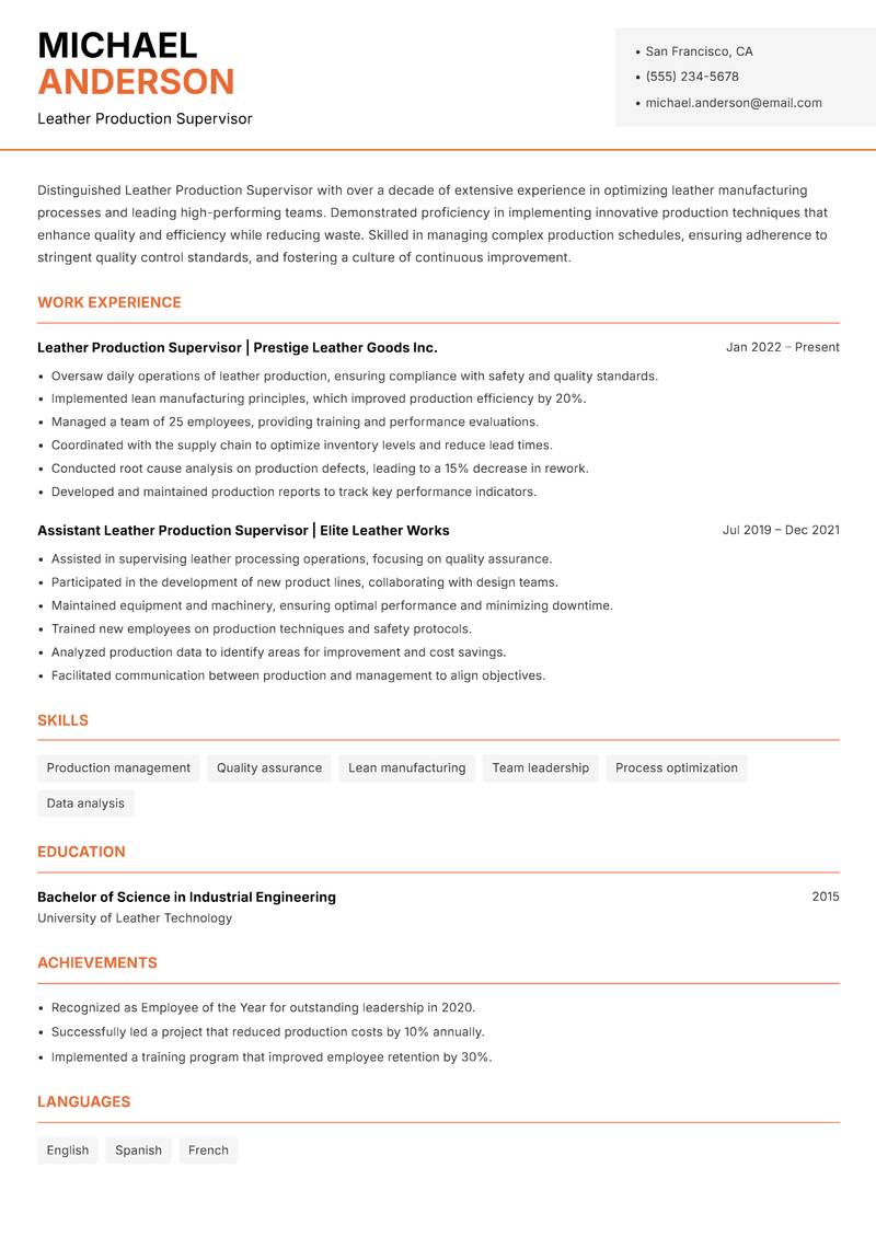 Leather Production Supervisor resume template — Modern Professional