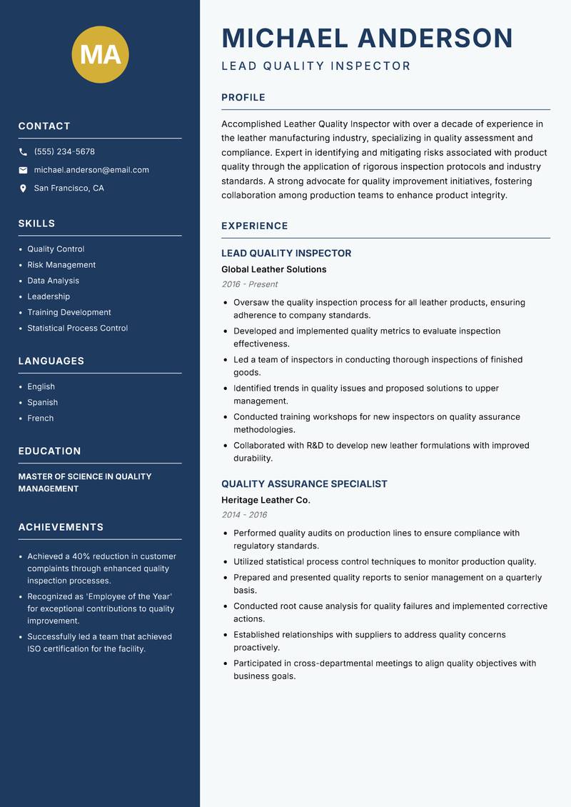Leather Quality Inspector resume template — Classic Clean