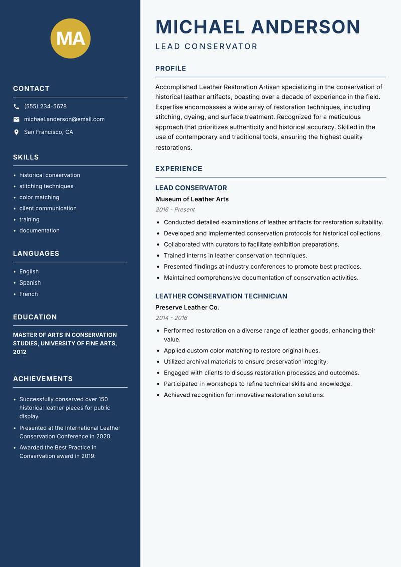 Leather Restoration Artisan resume template — Classic Clean