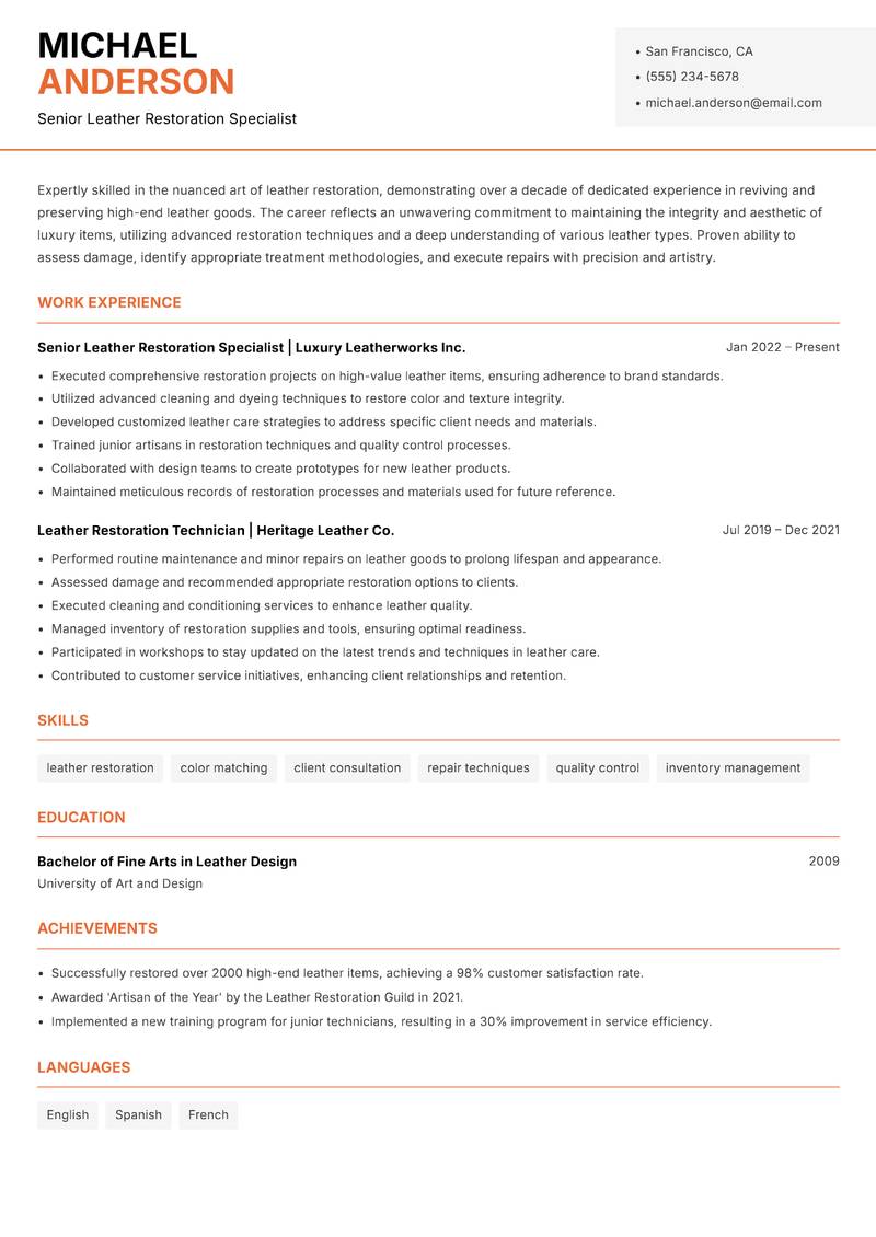 Leather Restoration Artisan resume template — Modern Professional