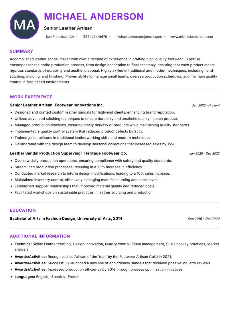 Leather Sandal Maker resume example — ATS-friendly template