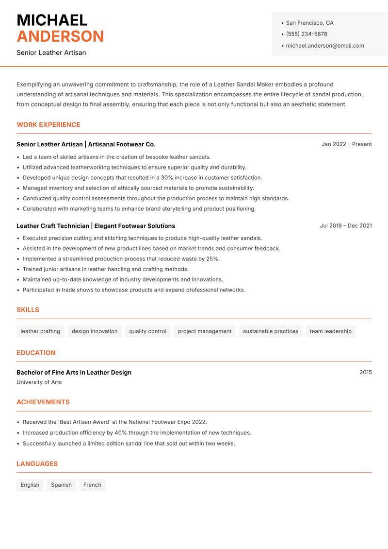Leather Sandal Maker resume template — Modern Professional