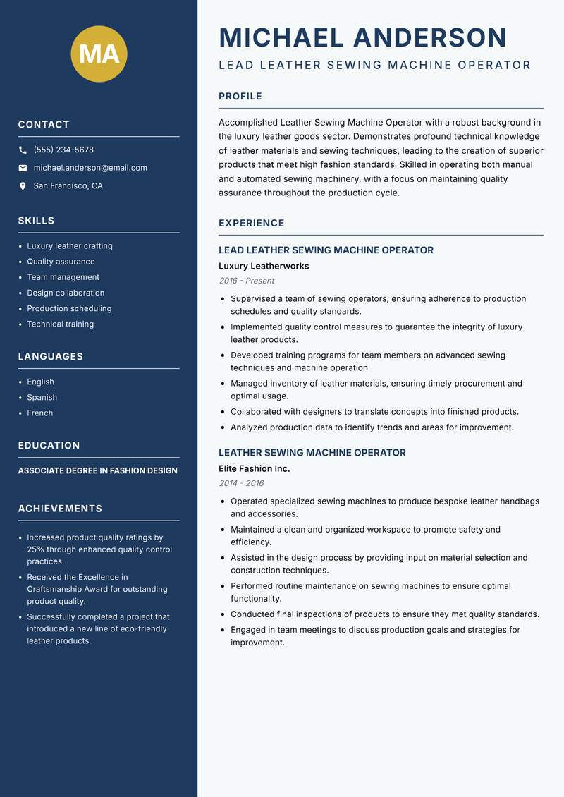 Leather Sewing Machine Operator resume template — Classic Clean