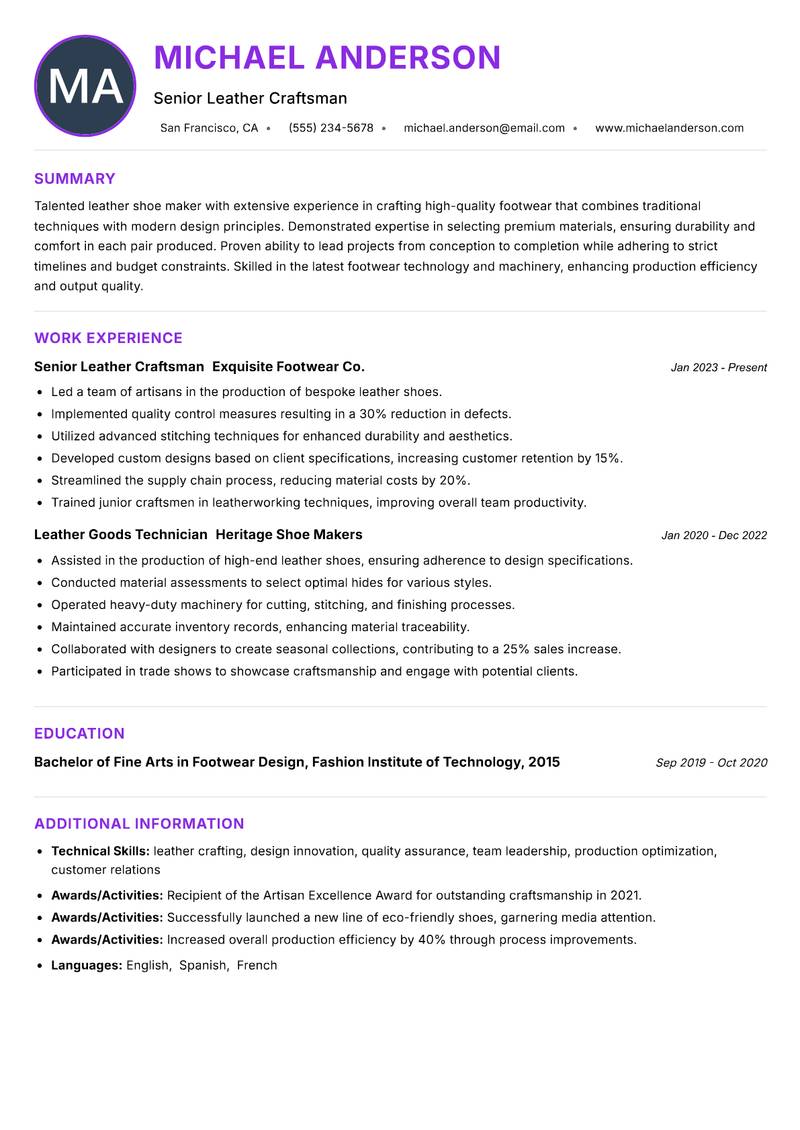 Leather Shoe Maker resume example — ATS-friendly template
