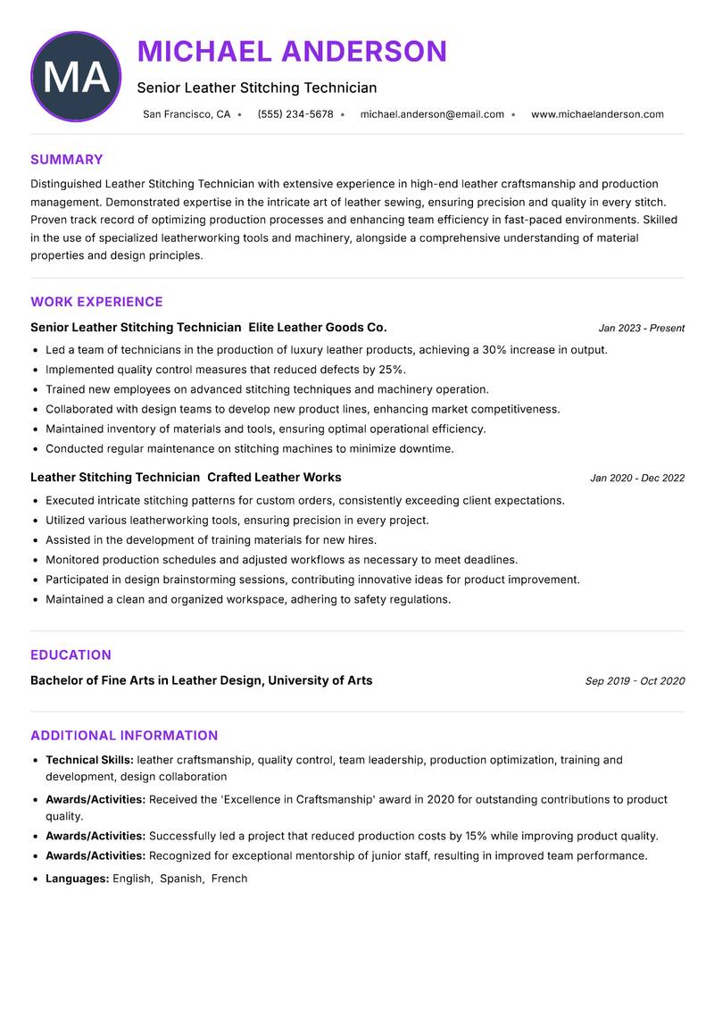 Leather Stitching Technician resume example — ATS-friendly template
