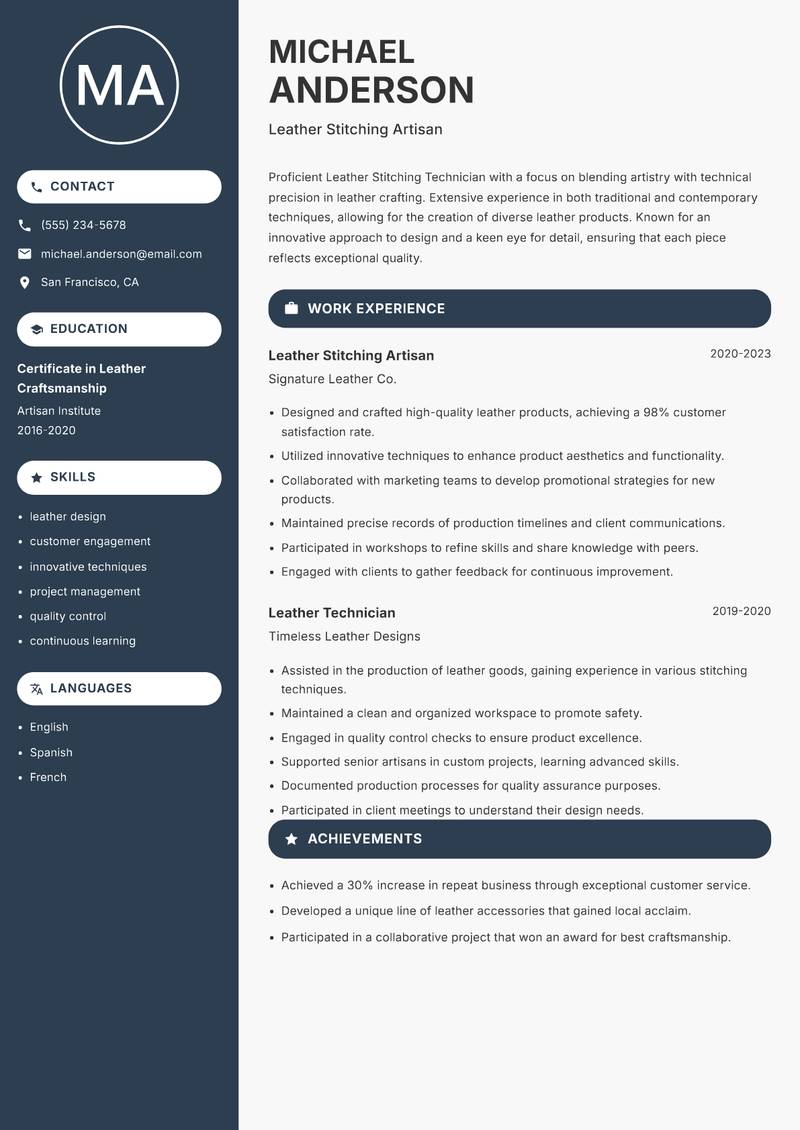 Leather Stitching Technician resume template — Compact