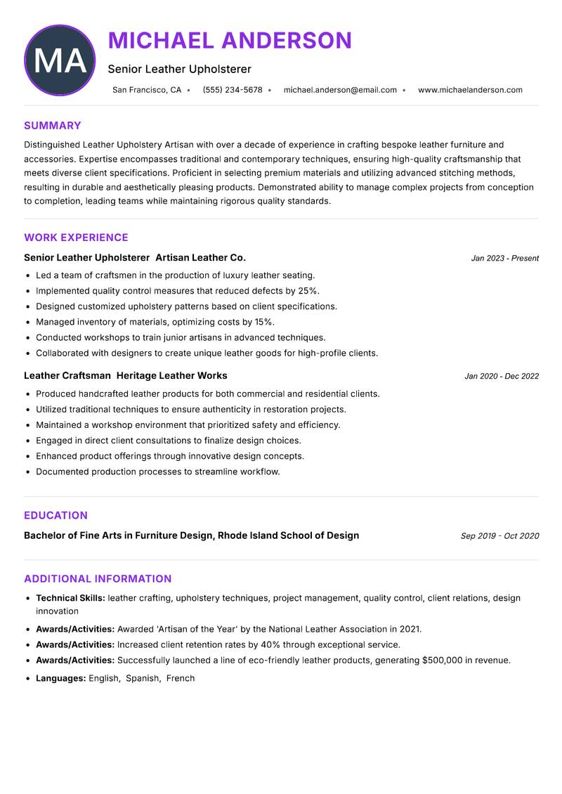 Leather Upholstery Artisan resume example — ATS-friendly template