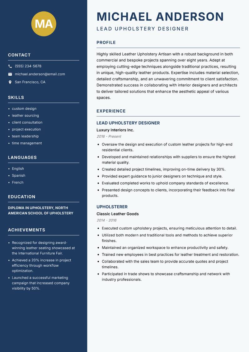 Leather Upholstery Artisan resume template — Classic Clean