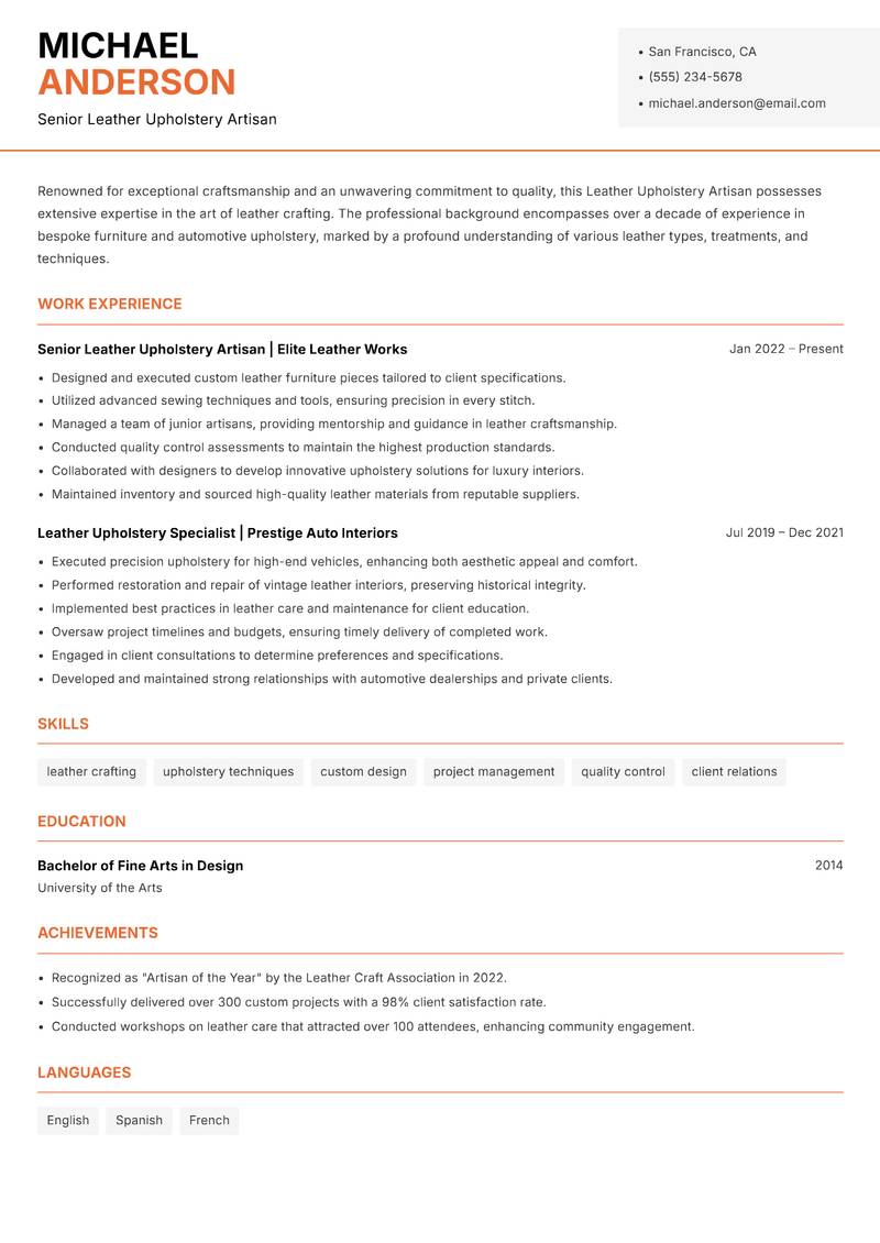 Leather Upholstery Artisan resume template — Modern Professional