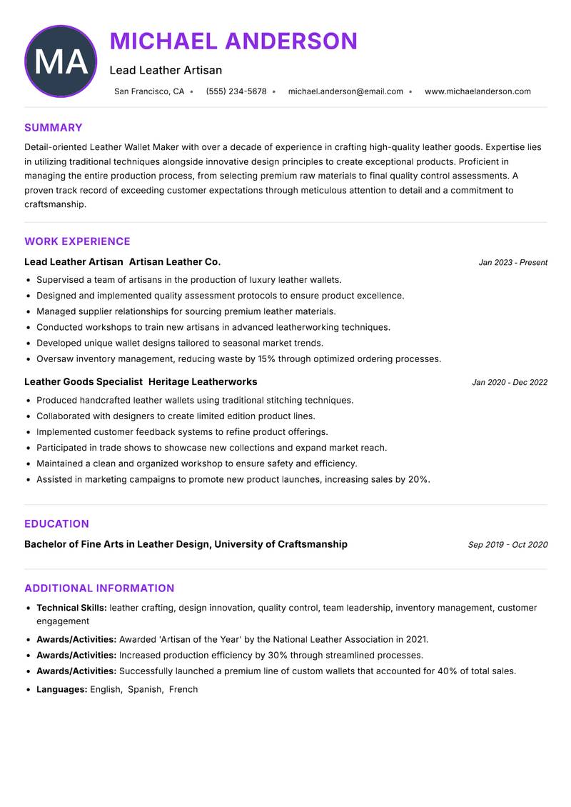 Leather Wallet Maker resume example — ATS-friendly template
