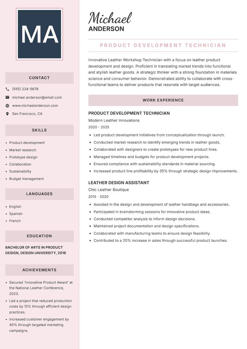 Leather Workshop Technician resume template — Executive