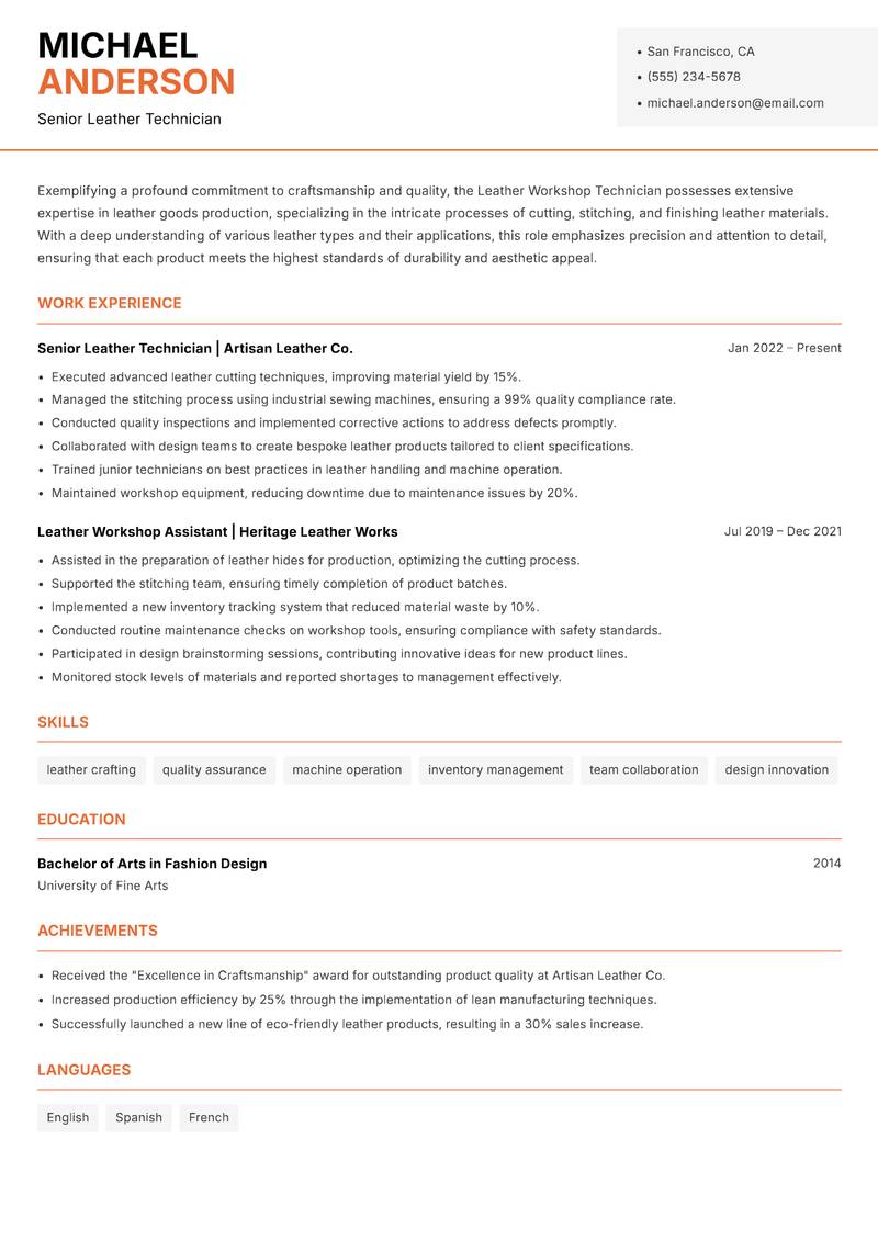 Leather Workshop Technician resume template — Modern Professional