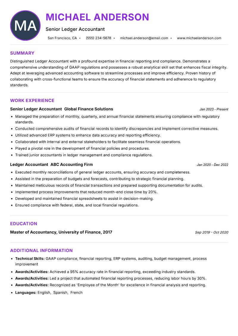 Ledger Accountant resume example — ATS-friendly template