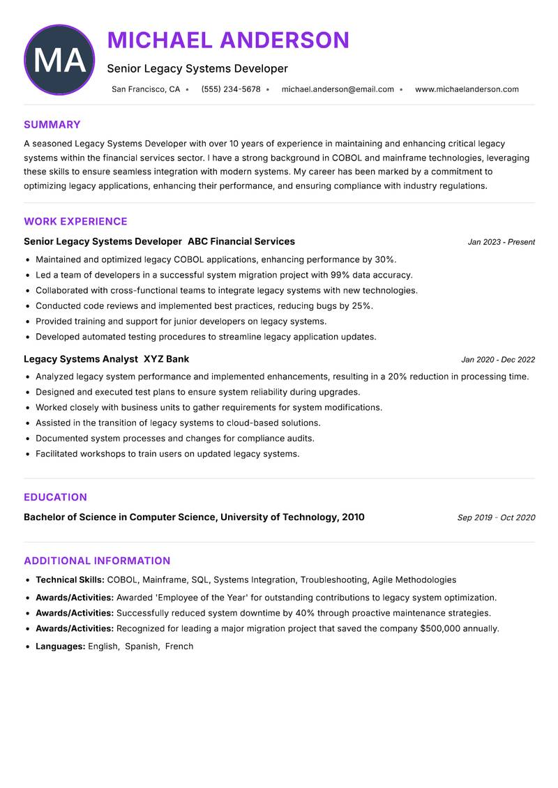 Legacy Systems Developer resume example — ATS-friendly template