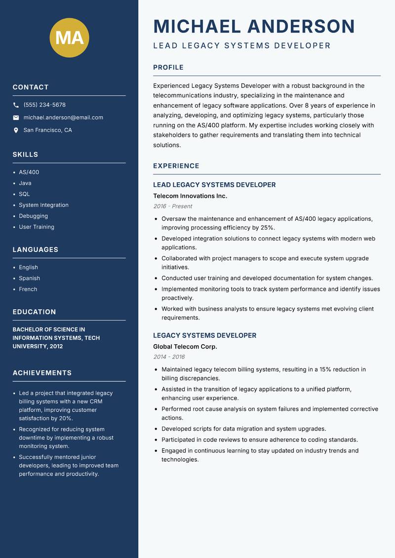 Legacy Systems Developer resume template — Classic Clean