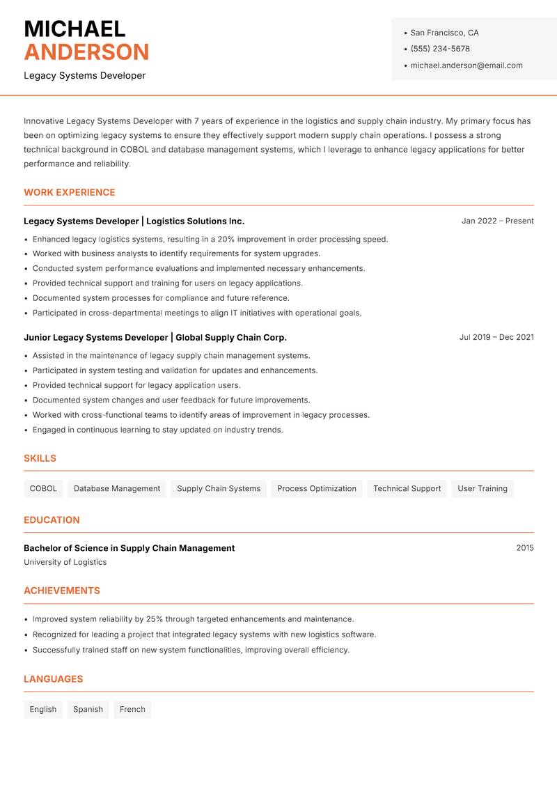 Legacy Systems Developer resume template — Modern Professional