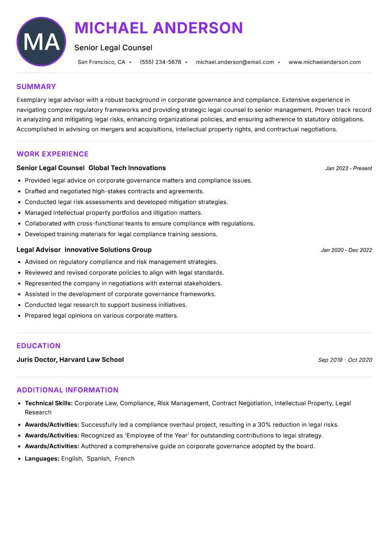 Legal Advisor resume example — ATS-friendly template