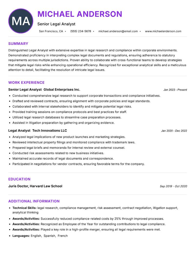Legal Analyst resume example — ATS-friendly template