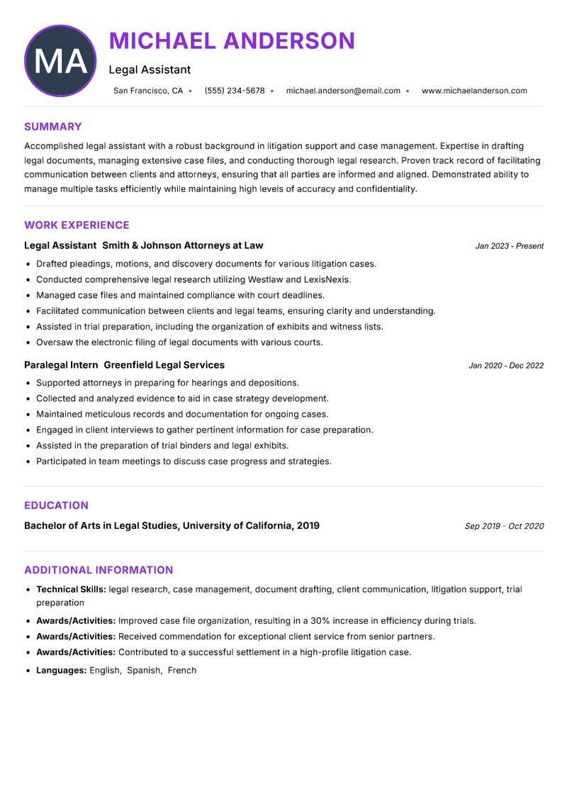Legal Assistant resume example — ATS-friendly template