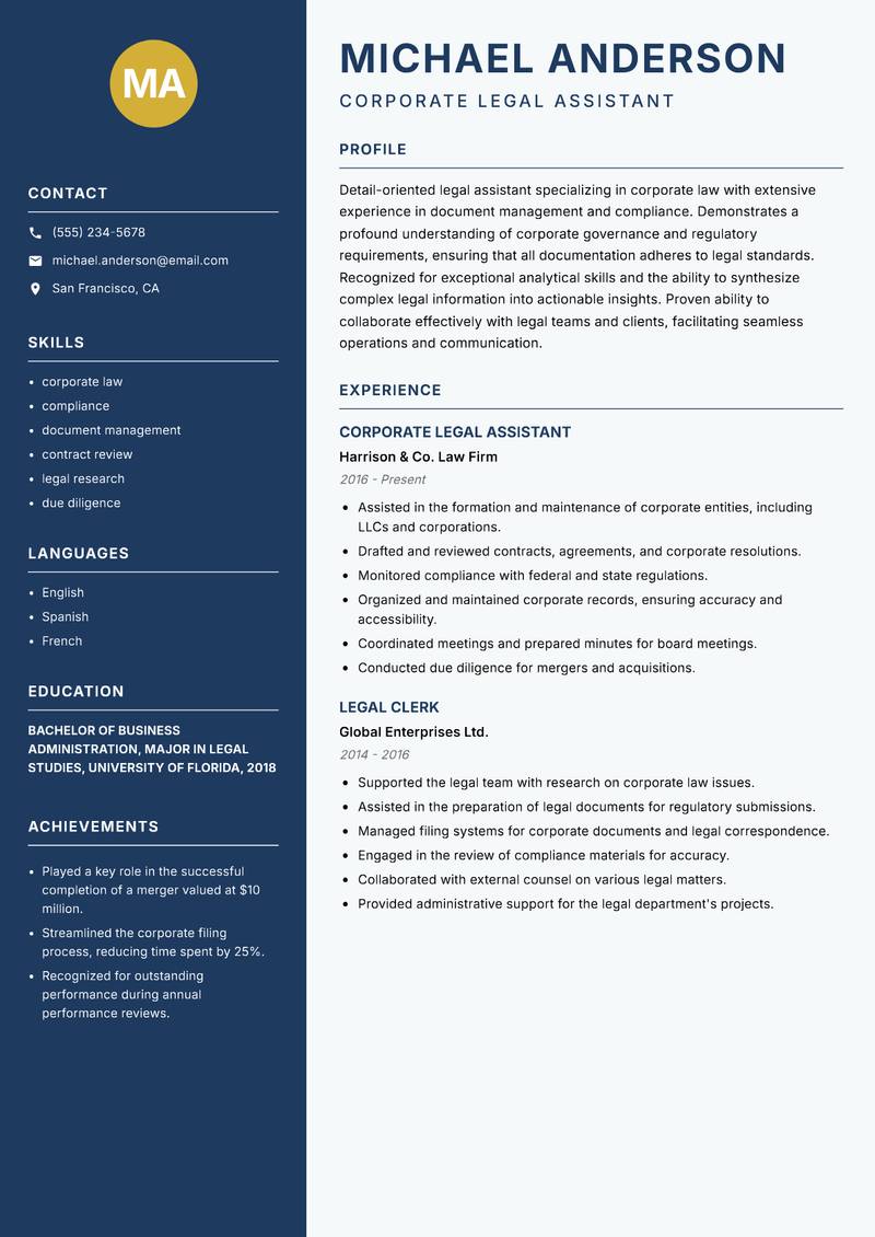 Legal Assistant resume template — Classic Clean