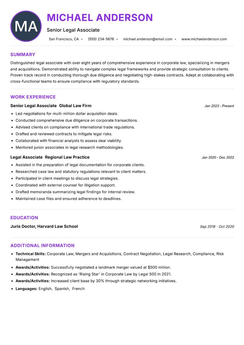 Legal Associate resume example — ATS-friendly template