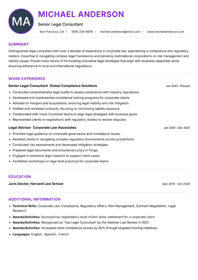 Legal Consultant resume example — ATS-friendly template
