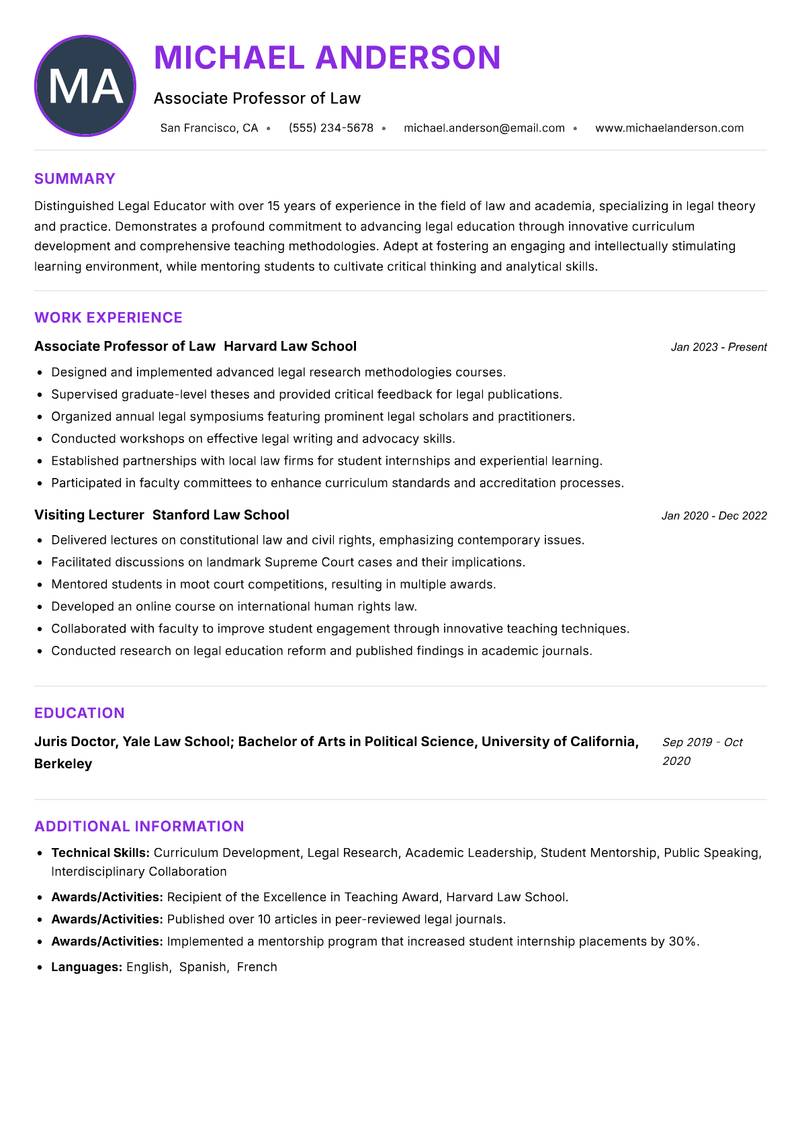 Legal Educator resume example — ATS-friendly template