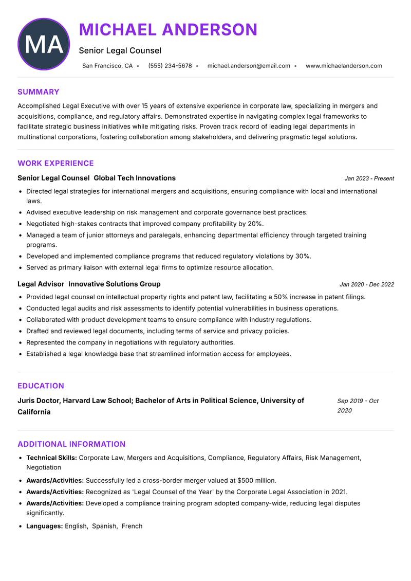 Legal Executive resume example — ATS-friendly template