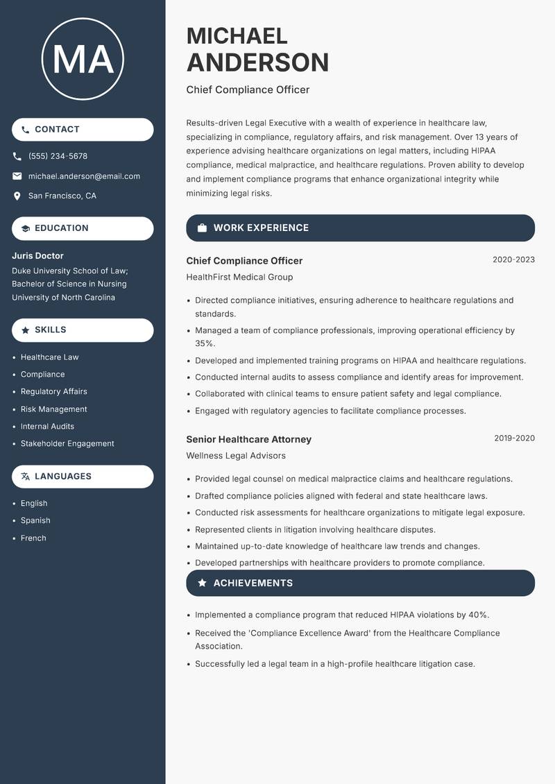 Legal Executive resume template — Compact