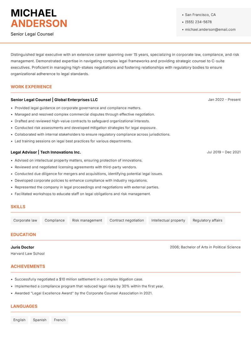 Legal Executive resume template — Modern Professional