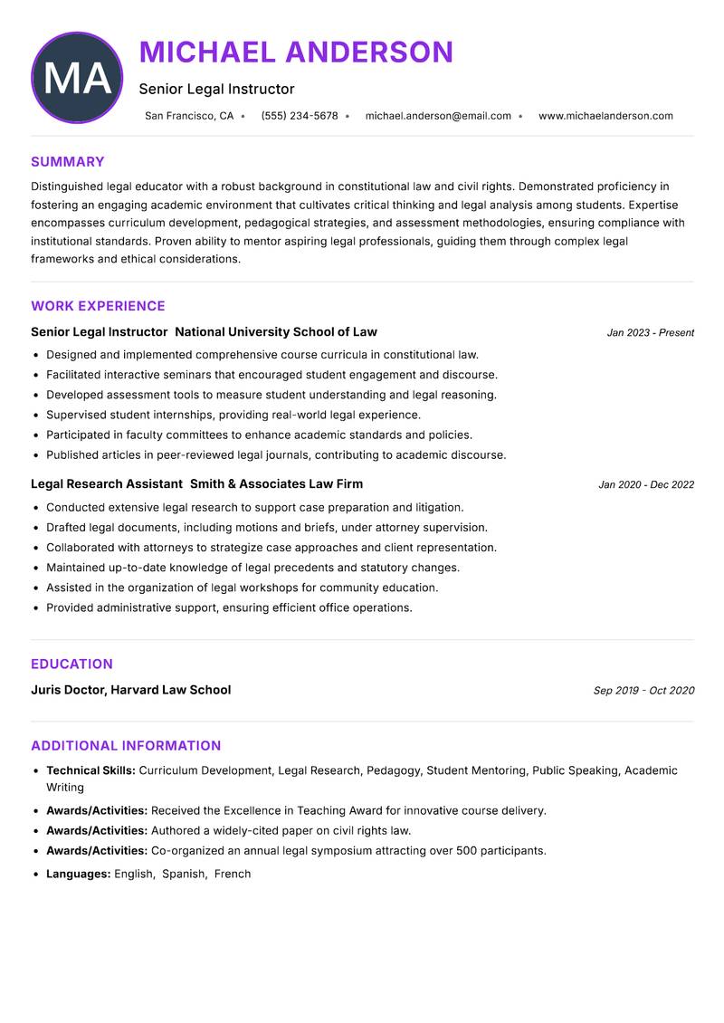 Legal Instructor resume example — ATS-friendly template