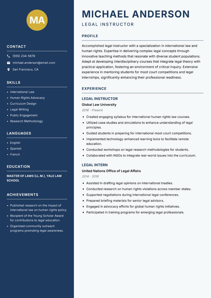 Legal Instructor resume template — Classic Clean