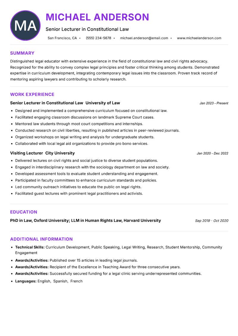 Legal Lecturer resume example — ATS-friendly template