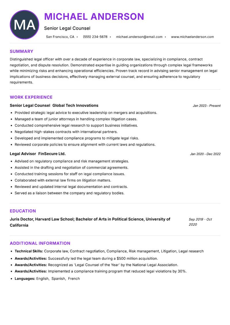 Legal Officer resume example — ATS-friendly template