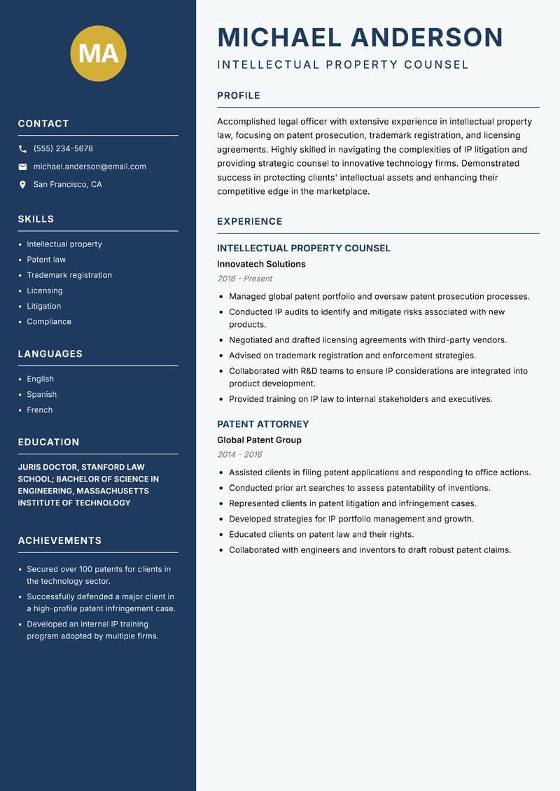 Legal Officer resume template — Classic Clean