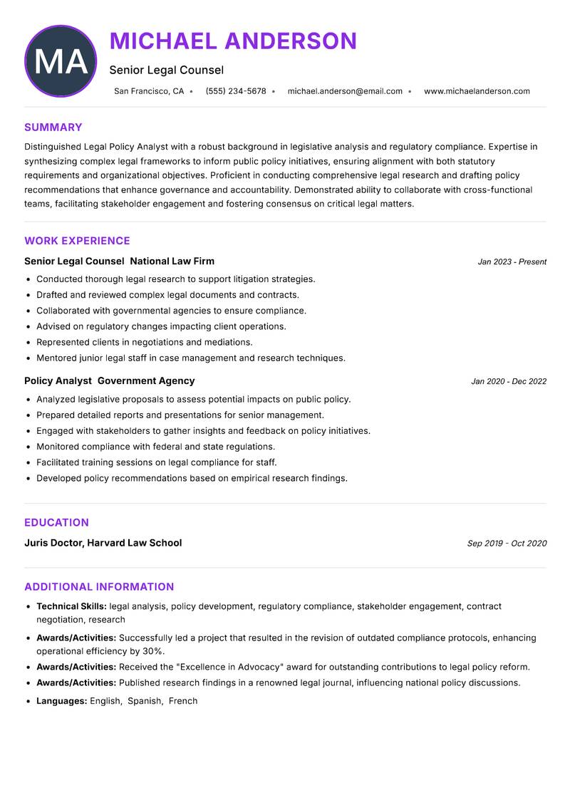Legal Policy Analyst resume example — ATS-friendly template