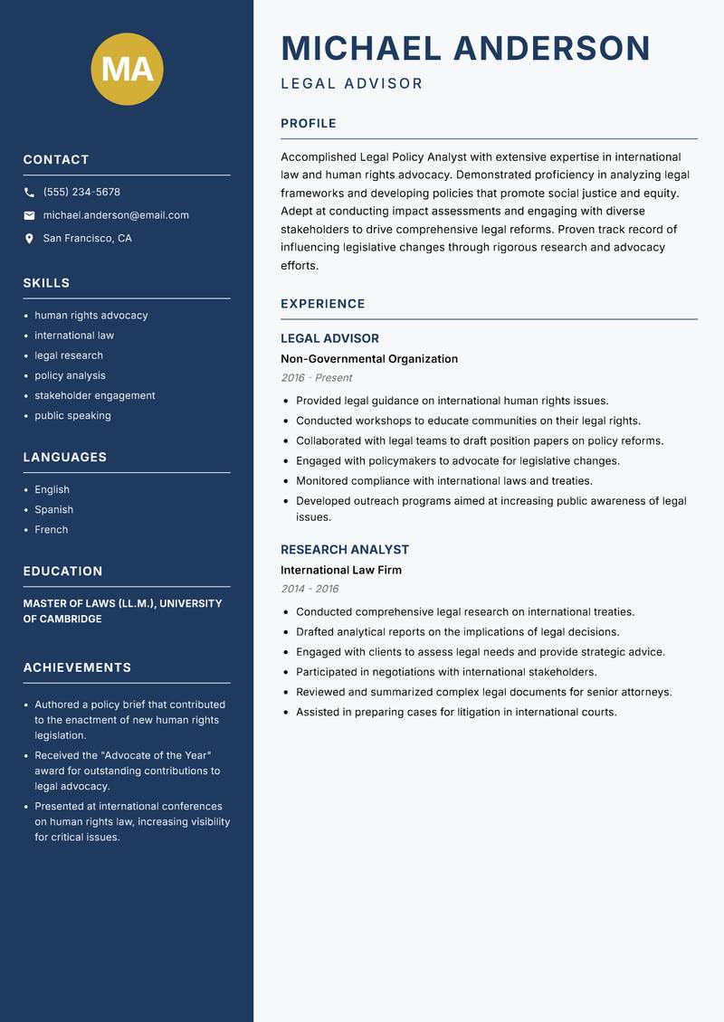 Legal Policy Analyst resume template — Classic Clean