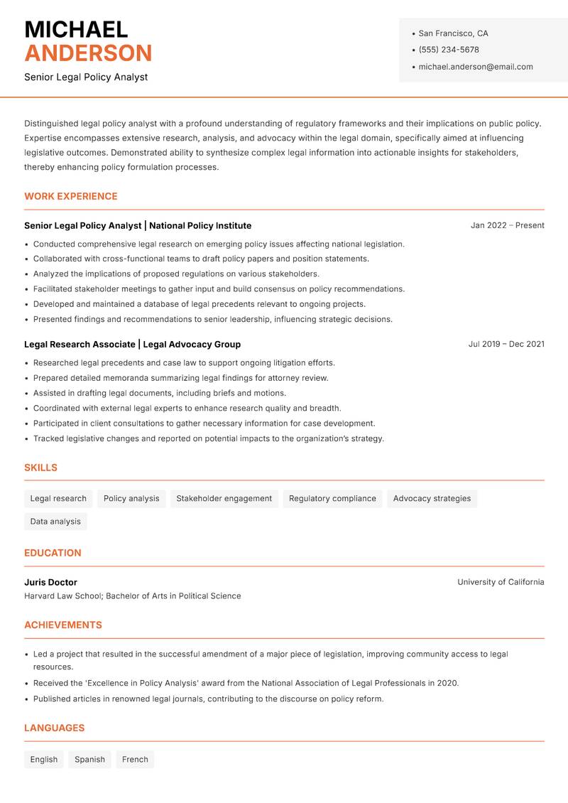 Legal Policy Analyst resume template — Modern Professional