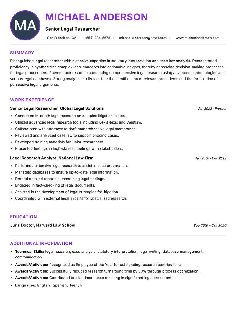 Legal Researcher resume example — ATS-friendly template
