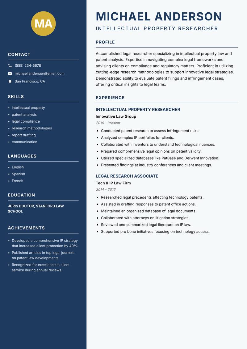 Legal Researcher resume template — Classic Clean