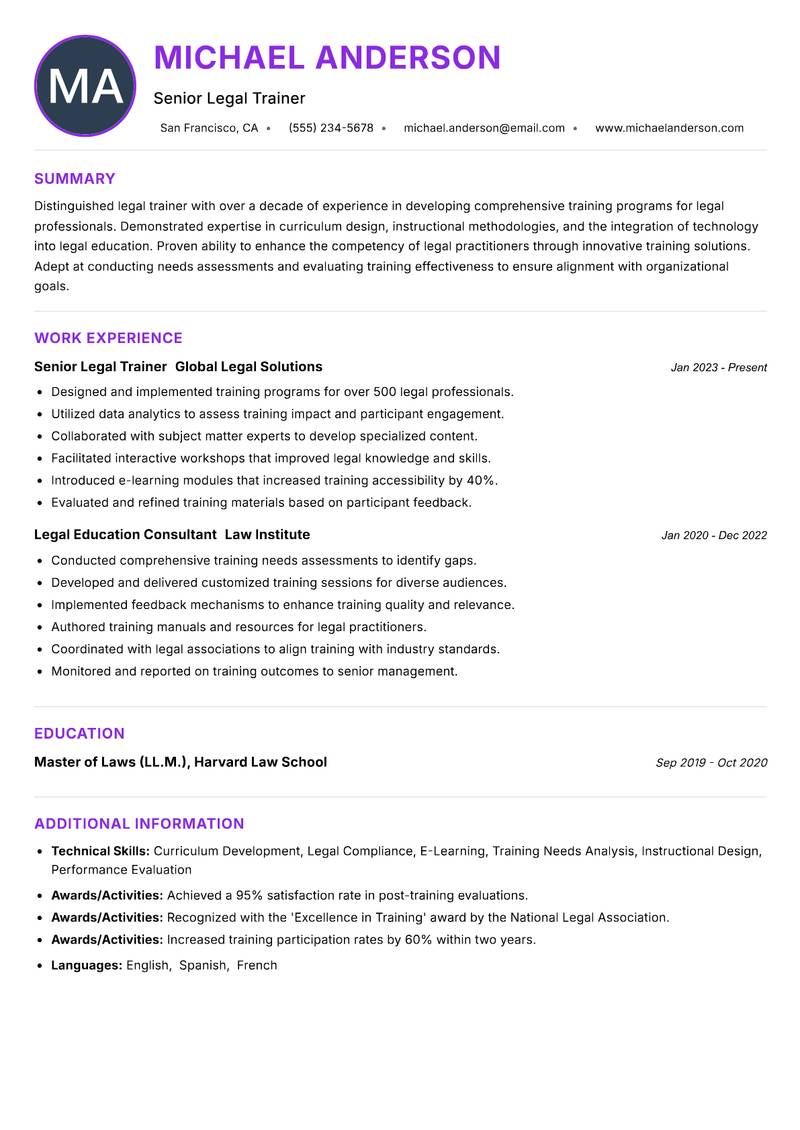 Legal Trainer resume example — ATS-friendly template