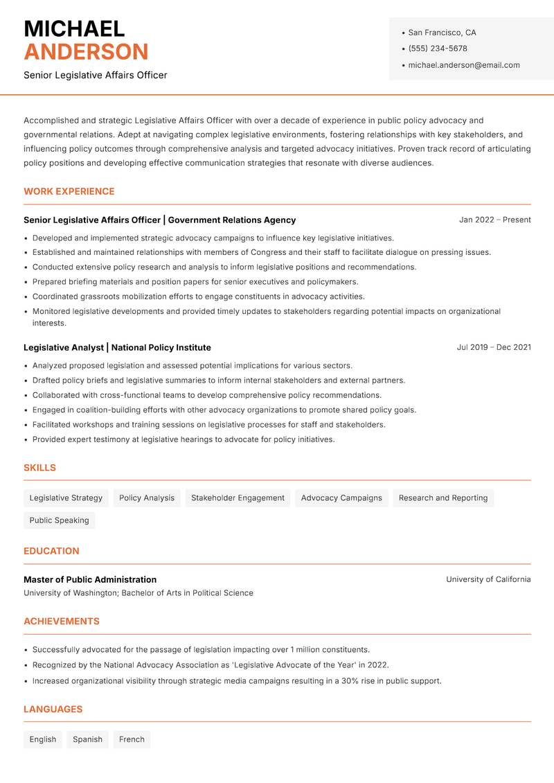 Legislative Affairs Officer resume template — Modern Professional