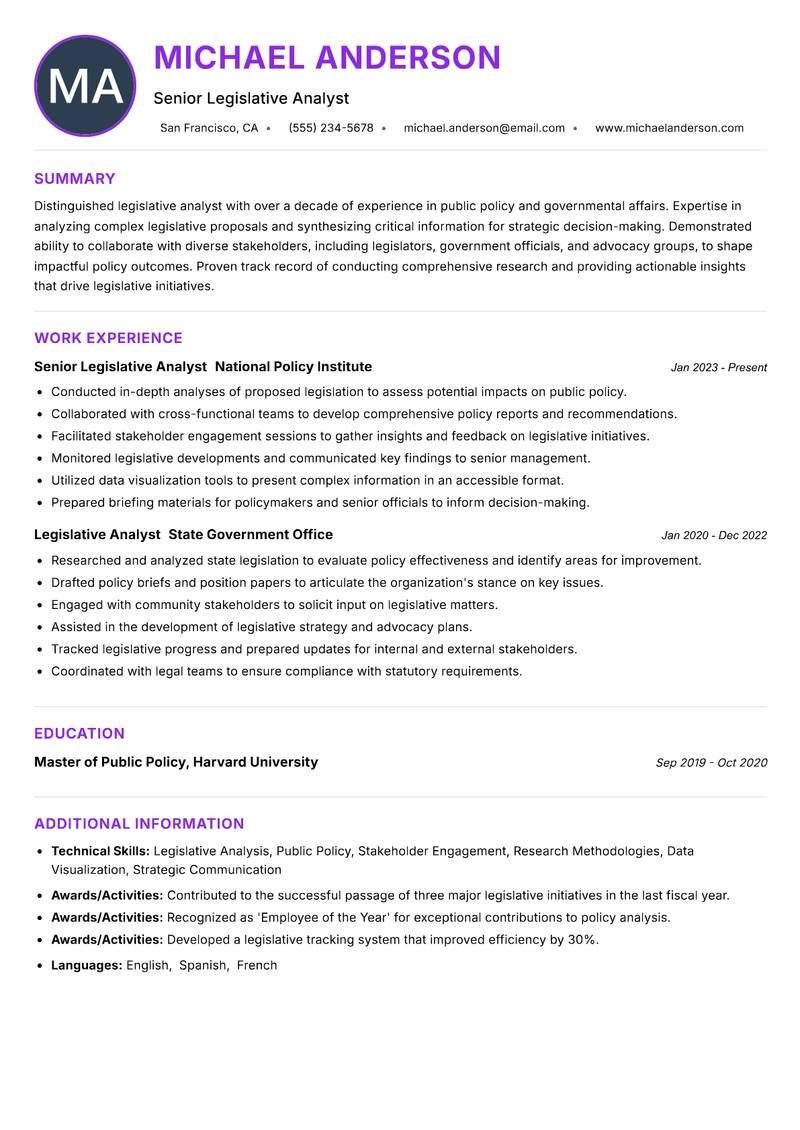 Legislative Analyst resume example — ATS-friendly template