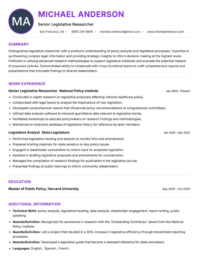 Legislative Researcher resume example — ATS-friendly template