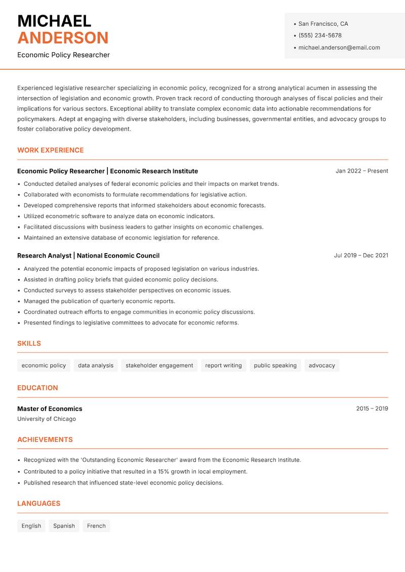 Legislative Researcher resume template — Modern Professional