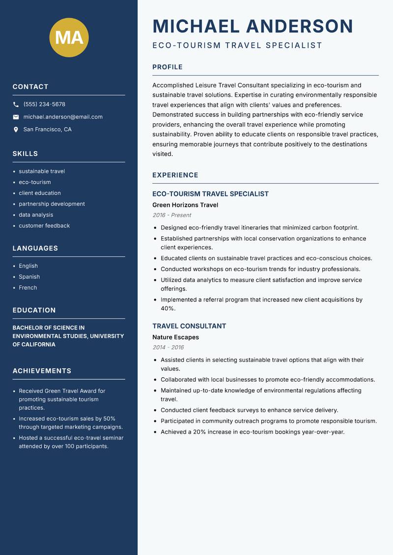 Leisure Travel Consultant resume template — Classic Clean
